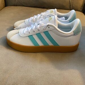 Adidas White and Teal Sneakers with Gum Sole